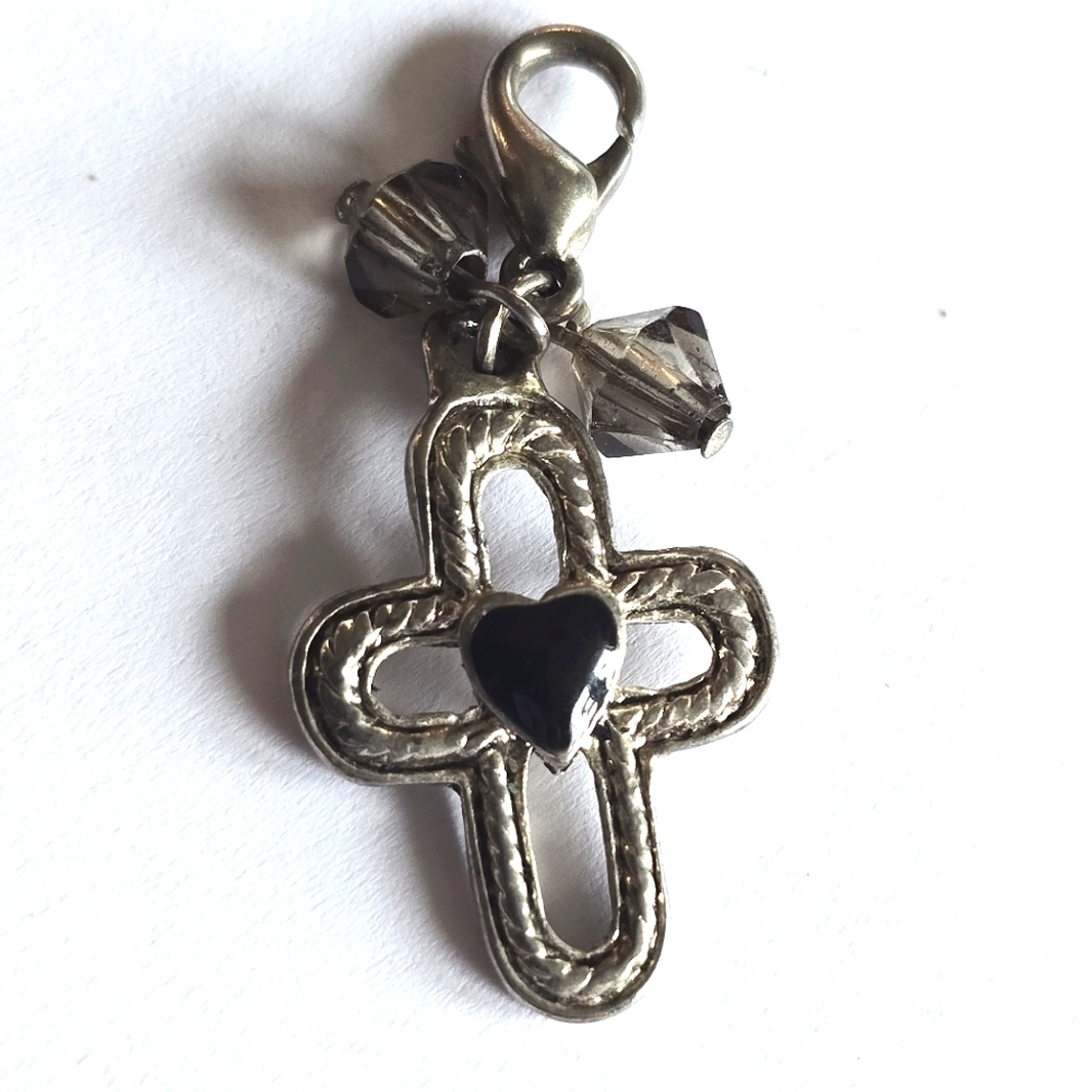 Cross pendant clip on charm silver tone black enamel heart religious christian